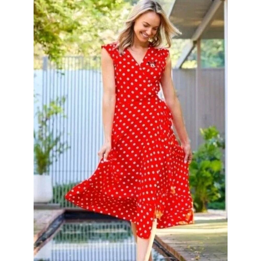 DISNEY Store Minnie Mouse Red Polka Dot Midi Wrap dress Sz 3X Ruffle Cap Sleeve